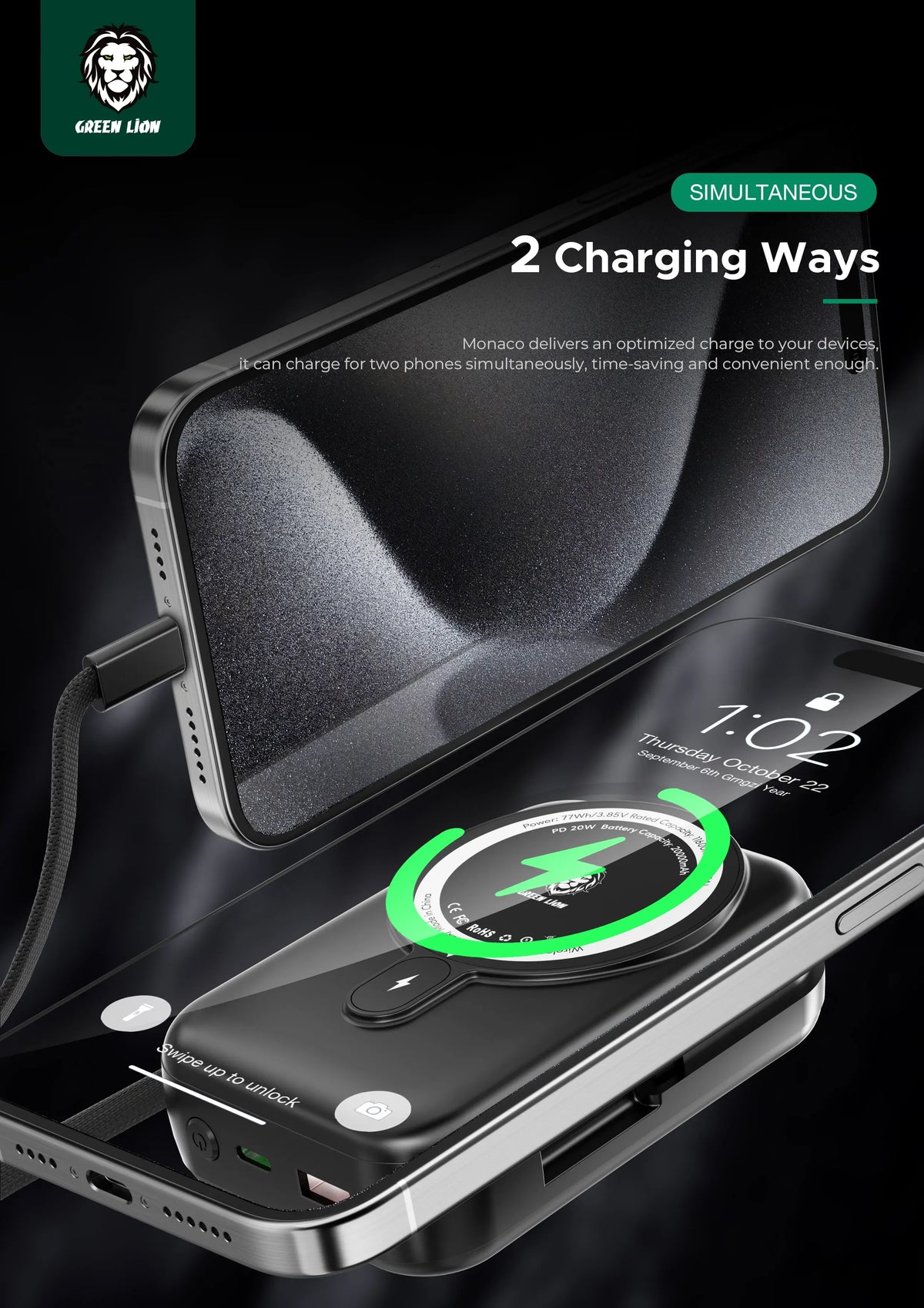 Green Lion 20000 m Ah Monaco Mag Safe Power Bank - Black – image 11