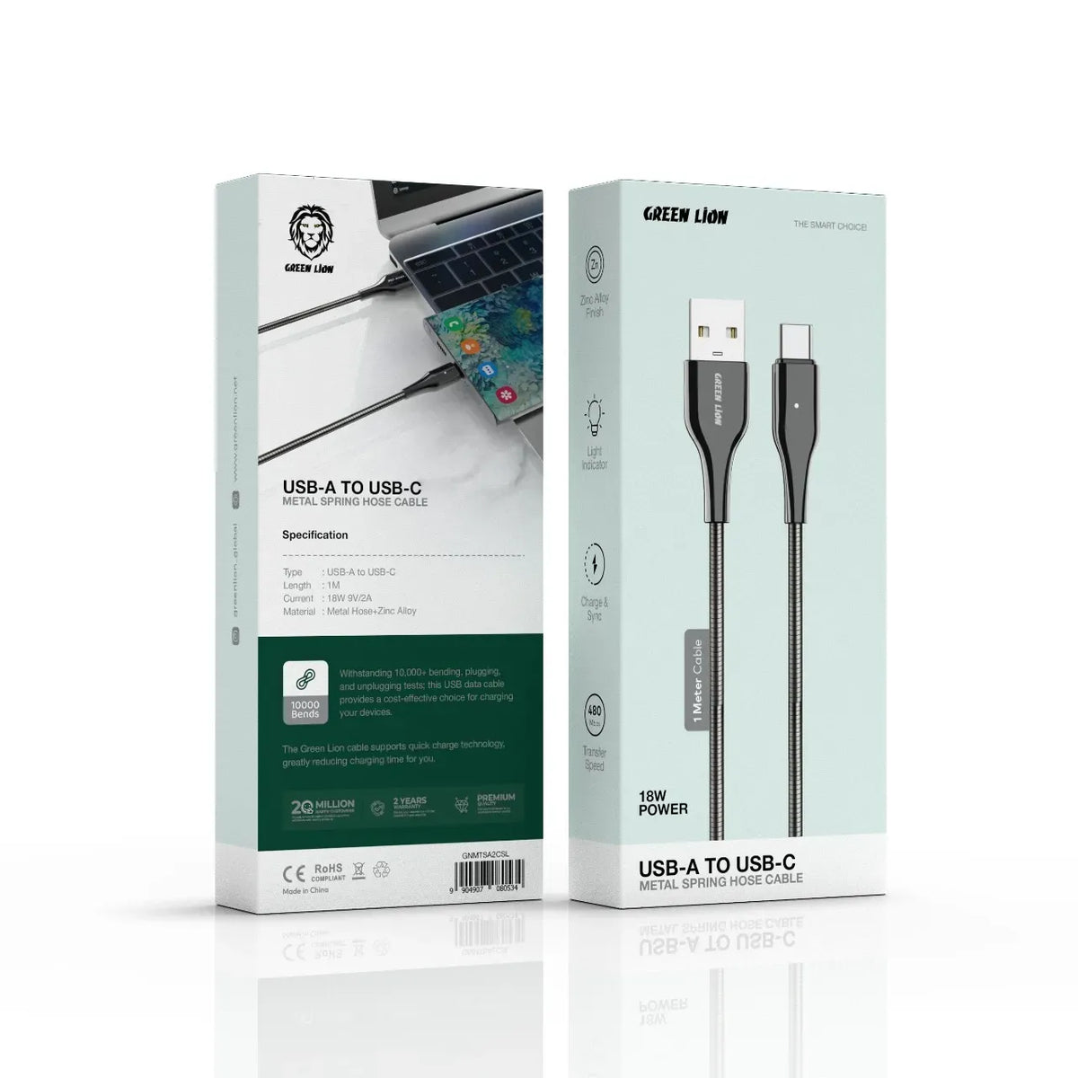 Green Lion USB A to USB C Metal Spring Hose Cable Silver – image 3